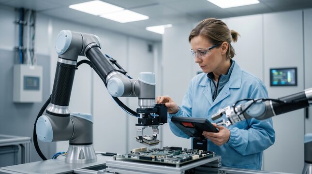 Female engineer programming collaborative robot arm for precision electronics assembly in advanced manufacturing laboratory, holding tablet device to control automation system,