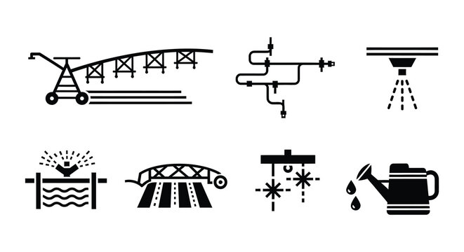 Flat vector icons of irrigation and watering systems