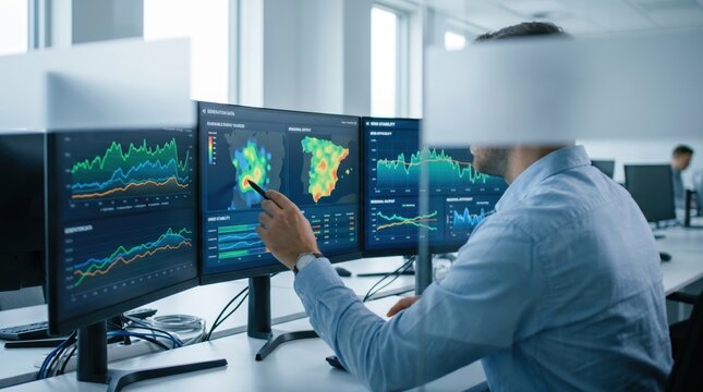 Data analyst monitoring energy grid stability and consumption maps on computer screens, smart city infrastructure and power management control room