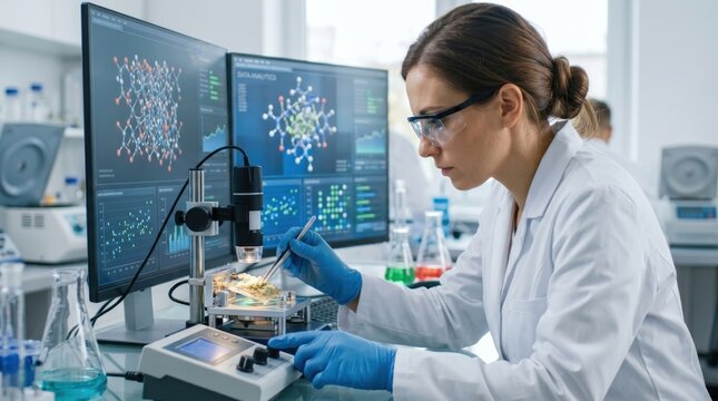 Female scientist in a white lab coat and safety glasses analyzing molecular structures on computer screens while using a microscope in a modern research laboratory, conducting