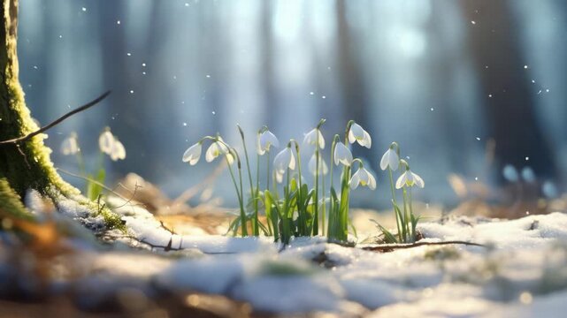 A serene winter scene featuring a forest floor covered in snow and illuminated by the soft glow of early morning light.