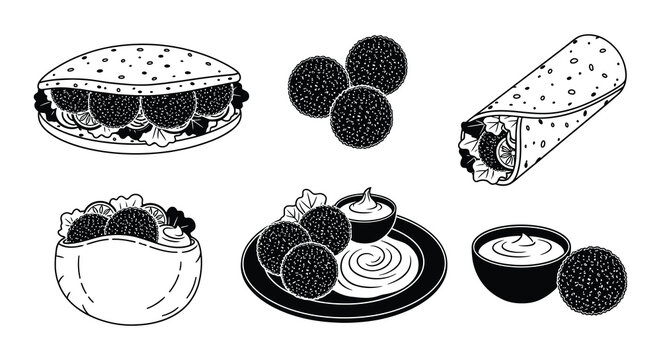 Falafel and pita bread set black and white vector illustration