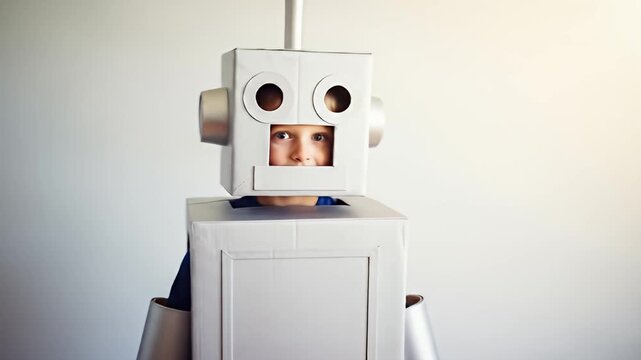 A young child poses in a homemade cardboard box robot costume with round eye cutouts