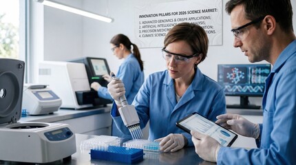 Obraz premium Medical researchers conducting genomics analysis and precision medicine study in advanced biotechnology laboratory