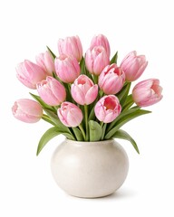 Obraz premium compact bouquet of soft pink tulips in a round matte ceramic vase on white background modern spring home decor concept bright natural color clean studio light balanced shape