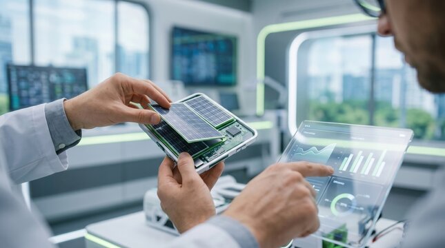 Scientists examining micro solar cell technology and data on transparent screen in high tech laboratory