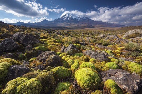 Yareta moss on Andean plateau with mountains
