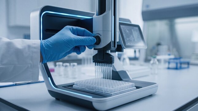 Close-up of scientist hand using multichannel pipette to transfer liquid samples into microplate for medical research and biotechnology analysis in a sterile modern laboratory