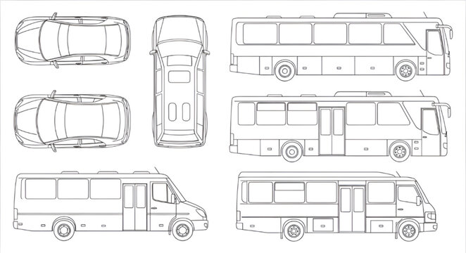 Vehicle elevation CAD blocks mega set, diverse car and bus silhouettes and outlines in side front and back views for architectural drawings, isolated vector.
