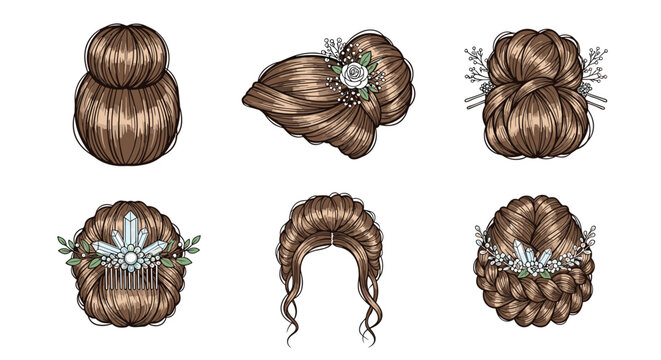 Intricate brown hair bun styles with elegant floral accents and sparkling crystal combs are displayed in a clean grid on a neutral soft gray background.