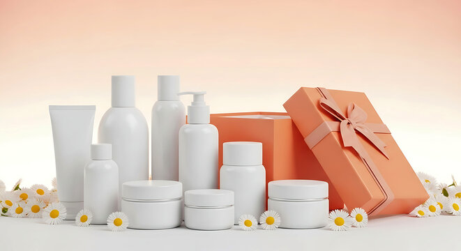 Minimal skincare packaging with floral background luxury beauty set up