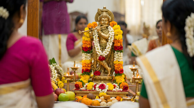 Durga idol in a decorated pandal during Durga Puja. The goddess has multiple arms and is depicted with a lion. Devotees are praying in the evening light