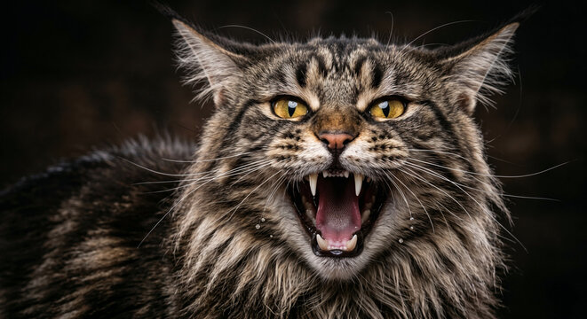 Fierce Maine Coon Cat Roaring, Hyper-Realistic Macro Emotions in Animals - Visualization of Pain and Experience. Symbolic illustration of Mark Twain's works, on dark background.
