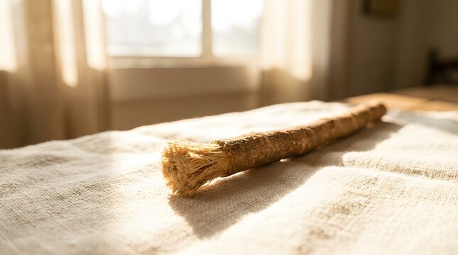 Traditional miswak stick on white linen cloth for natural oral hygiene.