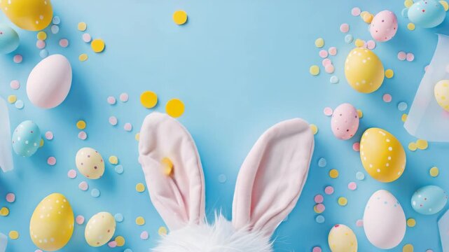 Colorful Easter celebration with bunny and eggs on blue background.