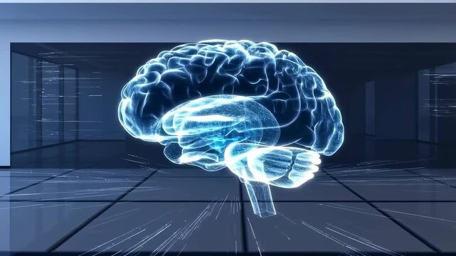 Futuristic 3D holographic brain model rotating in a modern digital space. Represents advanced neuroscience, technology, and cognitive research