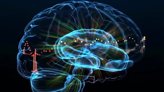 Animated brain with glowing neural connections and data visualization. Represents cognitive function, neuroscience, and data analysis in mental health research