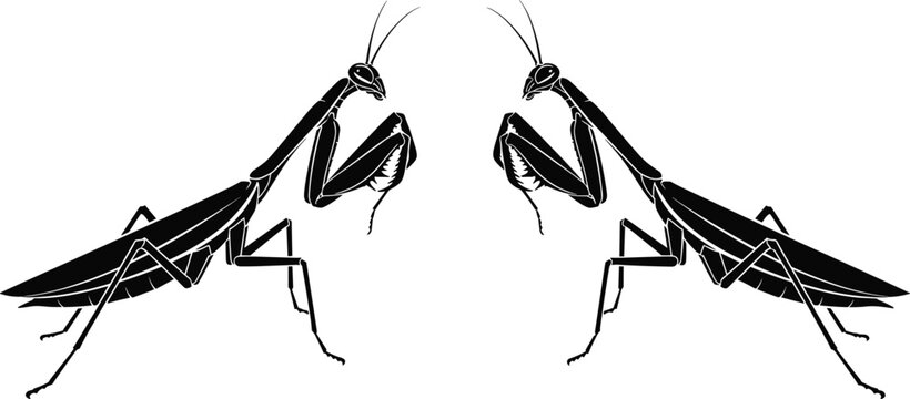 Praying Mantis Silhouette Vector Illustration with Symmetrical Insect Design Facing Each Other for Tattoo Logo Emblem and Nature Inspired Graphic Projects
