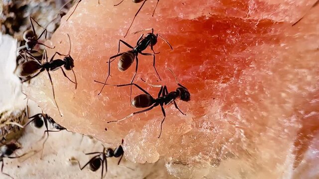 Macro footage of black ants swarming over a dead insect on a wooden surface, showing feeding behavior and coordinated movement as they break down organic matter in a natural environment.