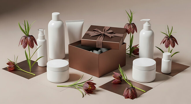 Luxury skincare set in gift box with floral cosmetic packaging