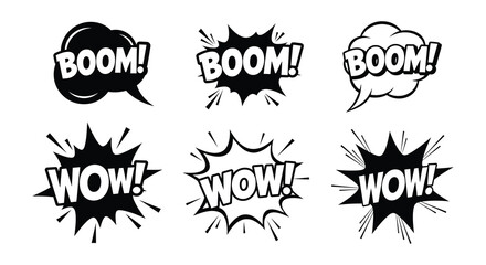 Comic speech bubbles with boom and wow text black and white vector © nurjahan
