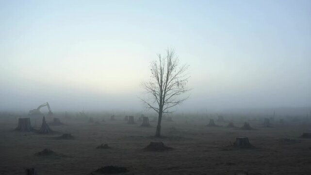 Foggy landscape of deforested area with a lone tree standing amidst tree stumps. A stark reminder of environmental impact and the importance of conservation