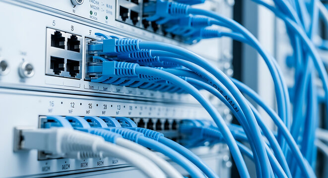 Close-up view of a network switch with numerous blue and white ethernet cables plugged into its ports.