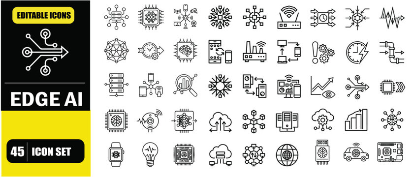 Edge AI Computing Technology Icon Set &ndash; IoT Applications, Distributed Intelligence, Real Time Data Processing, Smart Devices, Embedded AI Systems and Edge Computing Infrastructure Line Icons &ndash; Thin Li