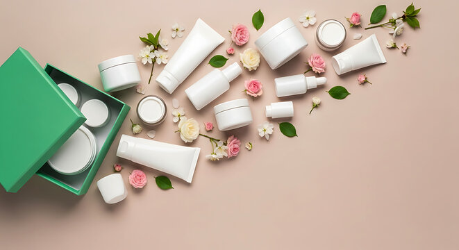 Skincare gift box with floral elements and blank cosmetic packaging