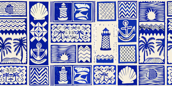 blue and white nautical pattern with tropical and seaside motifs