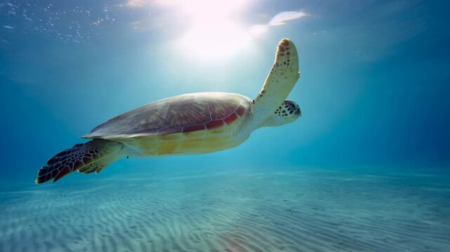 Graceful sea turtle swimming in crystal-clear ocean waters. A symbol of marine life and the importance of ocean conservation