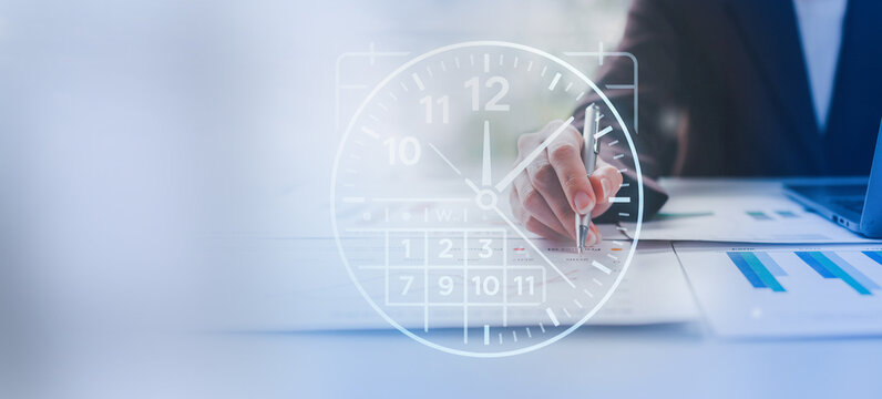 Working hours and working overtime. Bridging Time and Metrics employee typing on a computer with a clock overlapping. concept of effective time management and scheduling of company work hours.