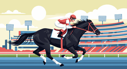 Horse Racing Competition Jockey and Horse Galloping on the Track with Stadium in the Background © Beny Qurdy