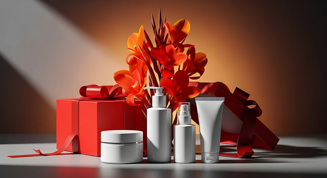 Luxury skincare cosmetic packaging with gift boxes and floral decoration premium mockup
