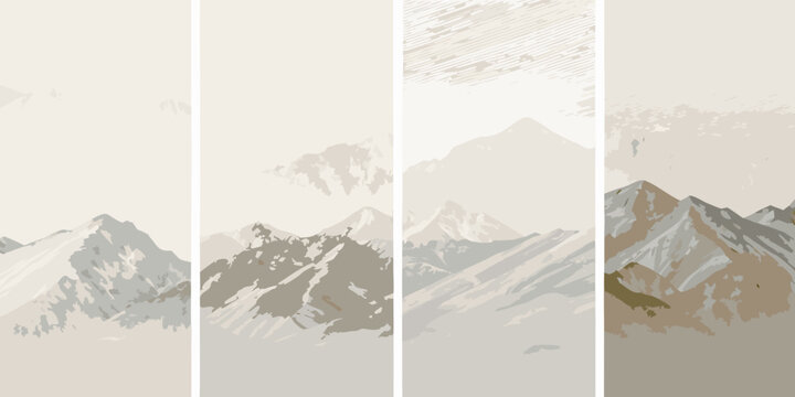 mountain range illustration four vertical panels neutral tones