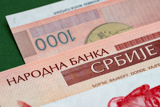 Macro detail of Serbian 1000 dinar banknote showing text and denomination