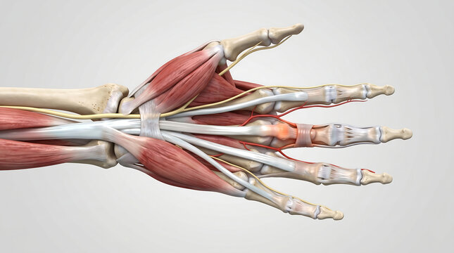 3D medical illustration of the human hand anatomy showing trigger finger inflammation and tendonitis in the middle finger for clinical orthopedic research and education