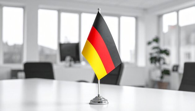 German national flag on desk in modern office, black-red-gold stripes, professional conference room with natural light.