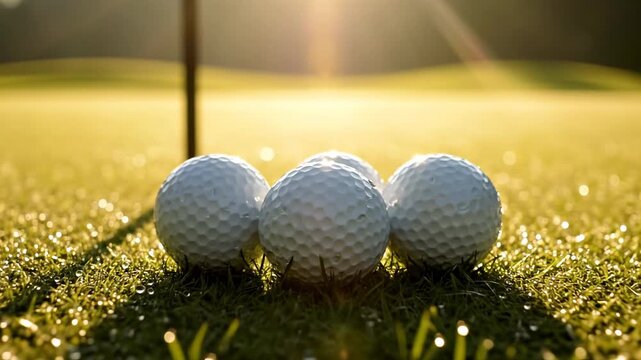 Three white golf balls rest on lush green grass near a flag pole on a golf course, bathed in golden hour sunlight, close-up shot