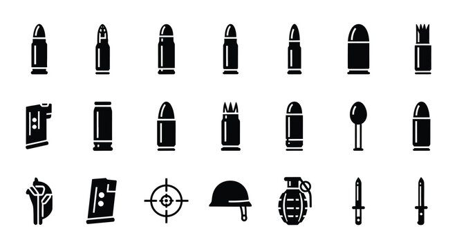Flat vector icons of ammunition firearms and military equipment