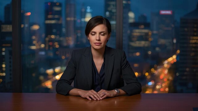 Businesswoman at desk in city office at night with skyline, composed confident anchor in dark suit