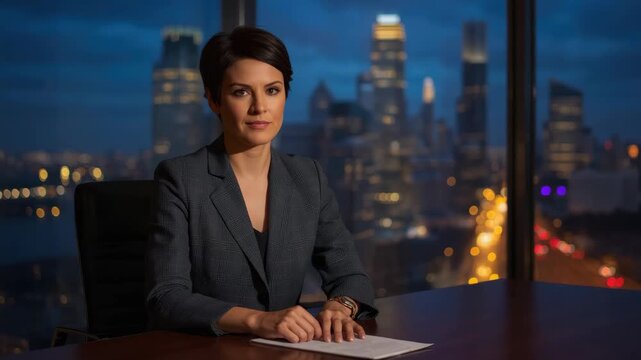 News anchor female presenter newsroom evening city skyline corporate blazer reviewing documents