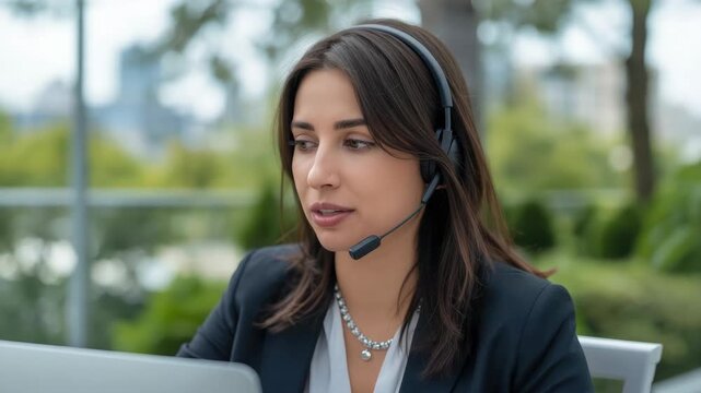 Young businesswoman headset microphone customer service call center professional woman speaking