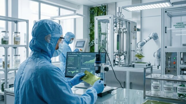 Scientist in protective suit examining biodegradable material sample under microscope in advanced green innovation lab, developing sustainable polymers and cellulose solutions for