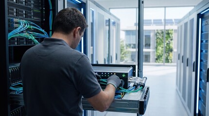 Fototapeta premium IT technician installing network cables in server rack, modern data center infrastructure maintenance and repair, high tech digital business concept