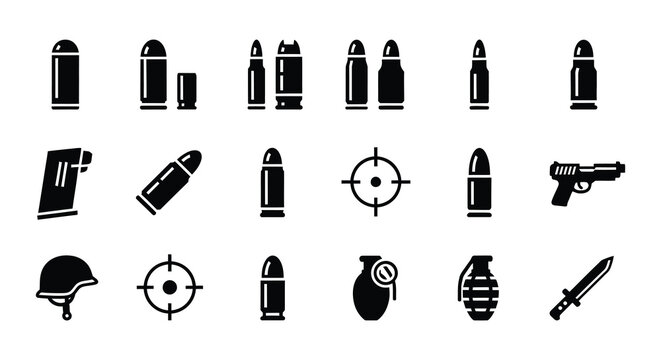 Flat vector icons of ammunition firearms and military equipment