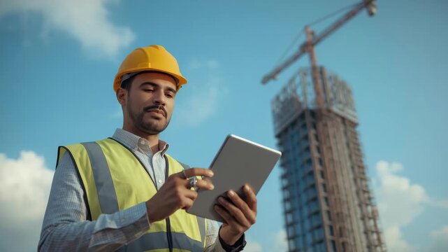 Construction engineer tablet helmet highrise crane outdoor site professional smiling using digital