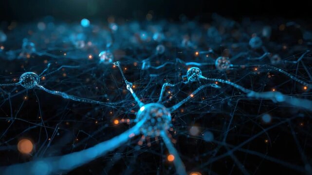 Glowing neural network with interconnected synapse connections neuron filaments glowing futuristic