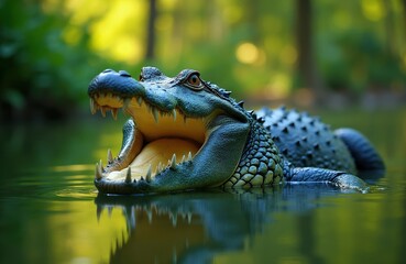 Fototapeta premium Large alligator with mouth open rests in calm green water, surrounded by rich foliage. Reptile shows sharp teeth and scales, its yellow eye focused. Wild nature scene.