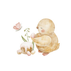 Fototapeta premium Chicken holding Easter eggs, cake, butterfly, lily of valley. Watercolor illustration of birds in children style, hand-drawn isolated from background for design of cards posters tableware clothing